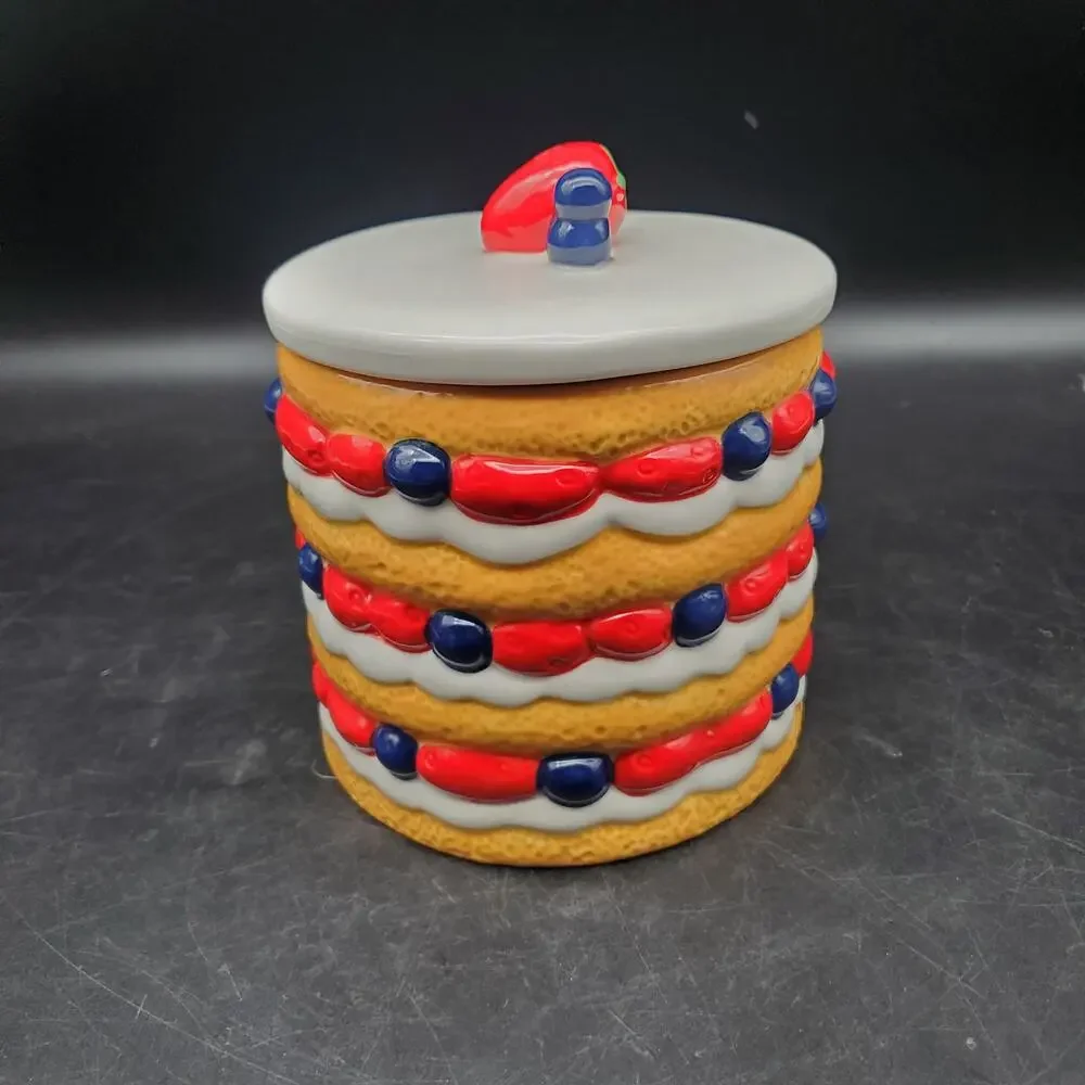 Lang Patriotic Cake Cookie Jar Strawberry Blueberry Ceramic Kitchen Canister